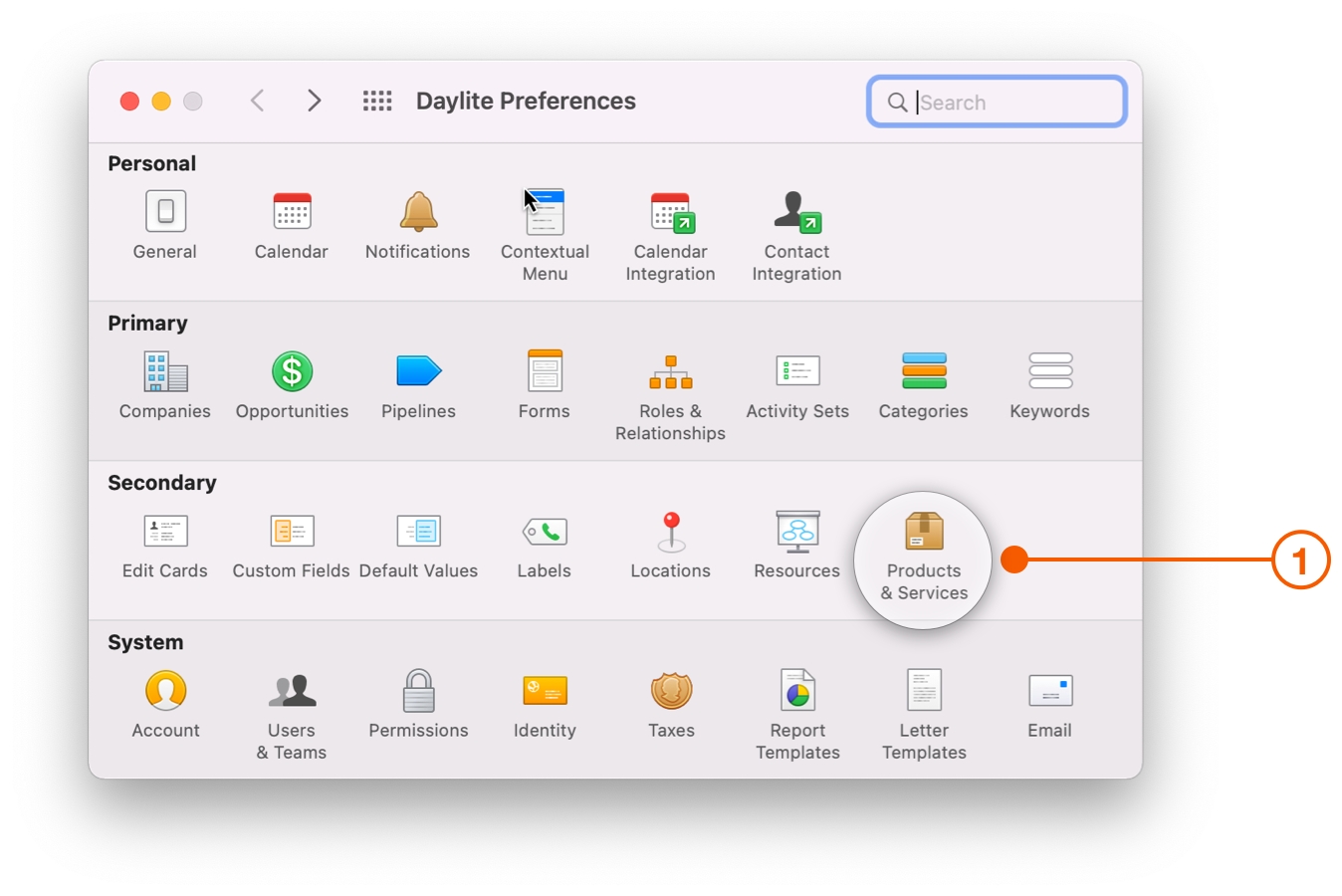 Daylite Preferences screen selecting Products and Services