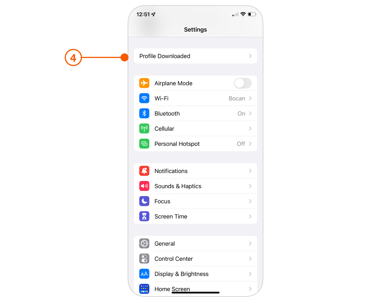 iOS Settings selecting Profile Downloaded