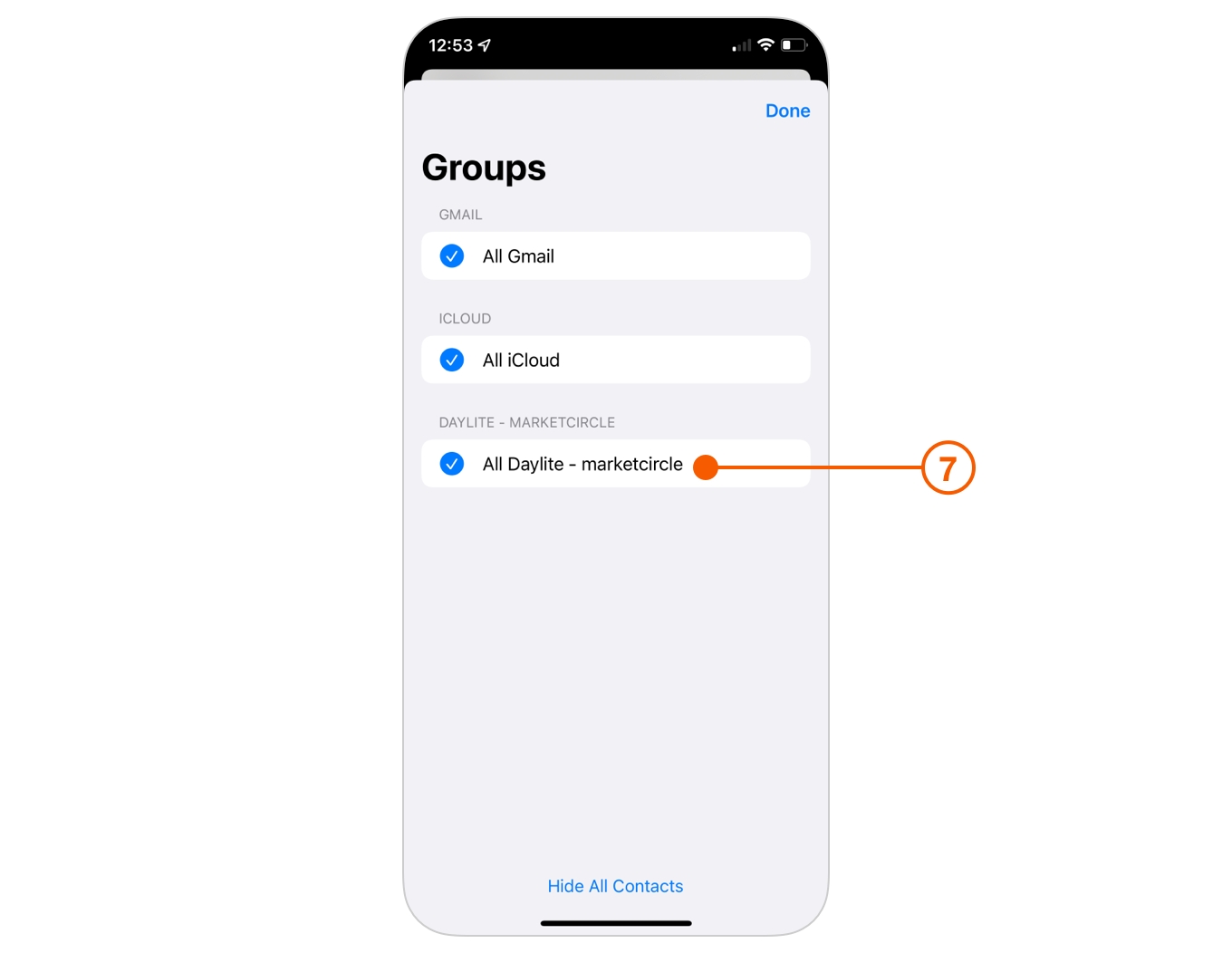 Contacts app Group screen selecting Daylite