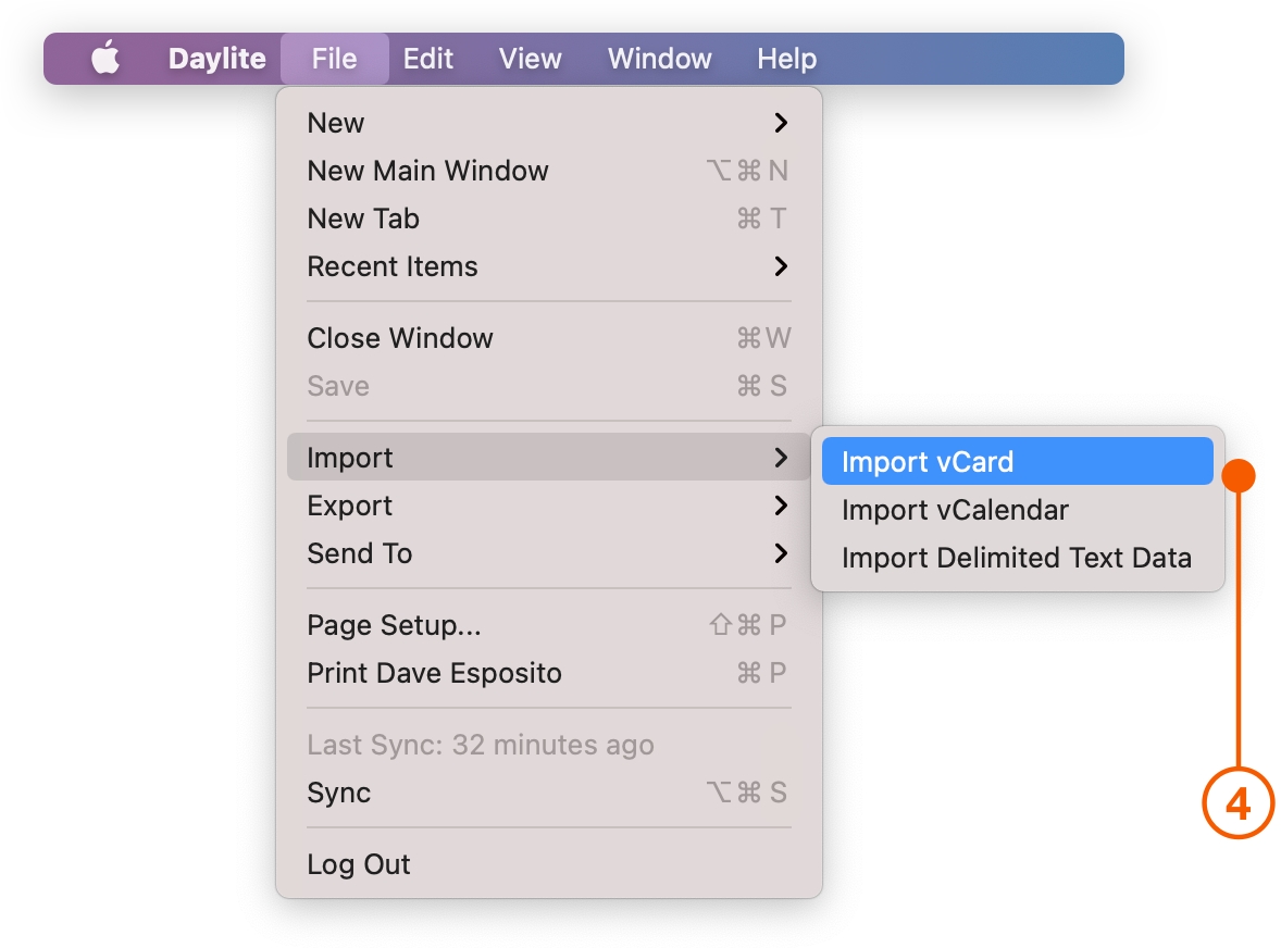 Daylite menu selecting Import vCard