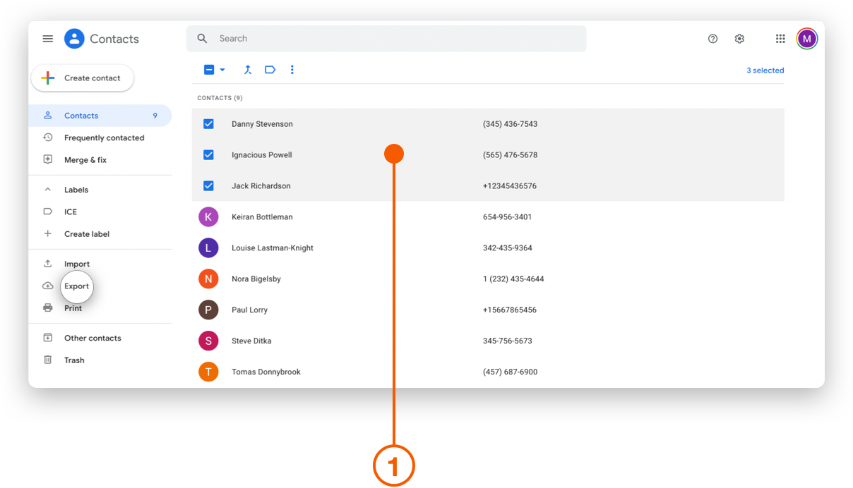 Google Contacts selecting Export