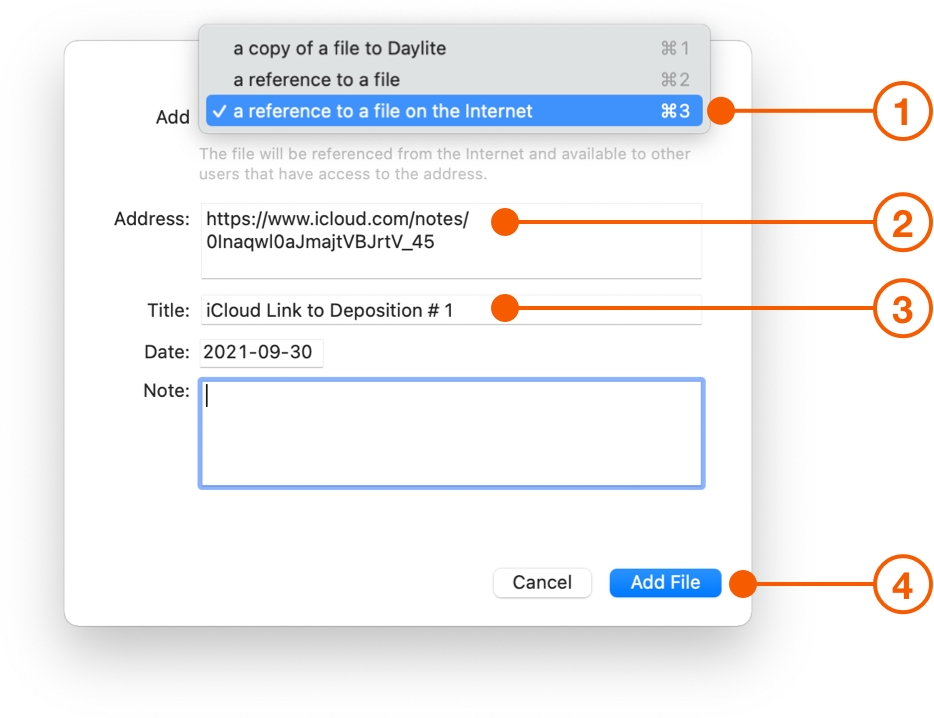 Add File window adding an iCloud file from the Internet
