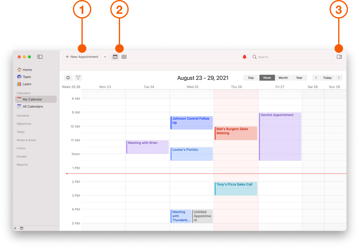 Daylite Calendar screen showing Toolbar