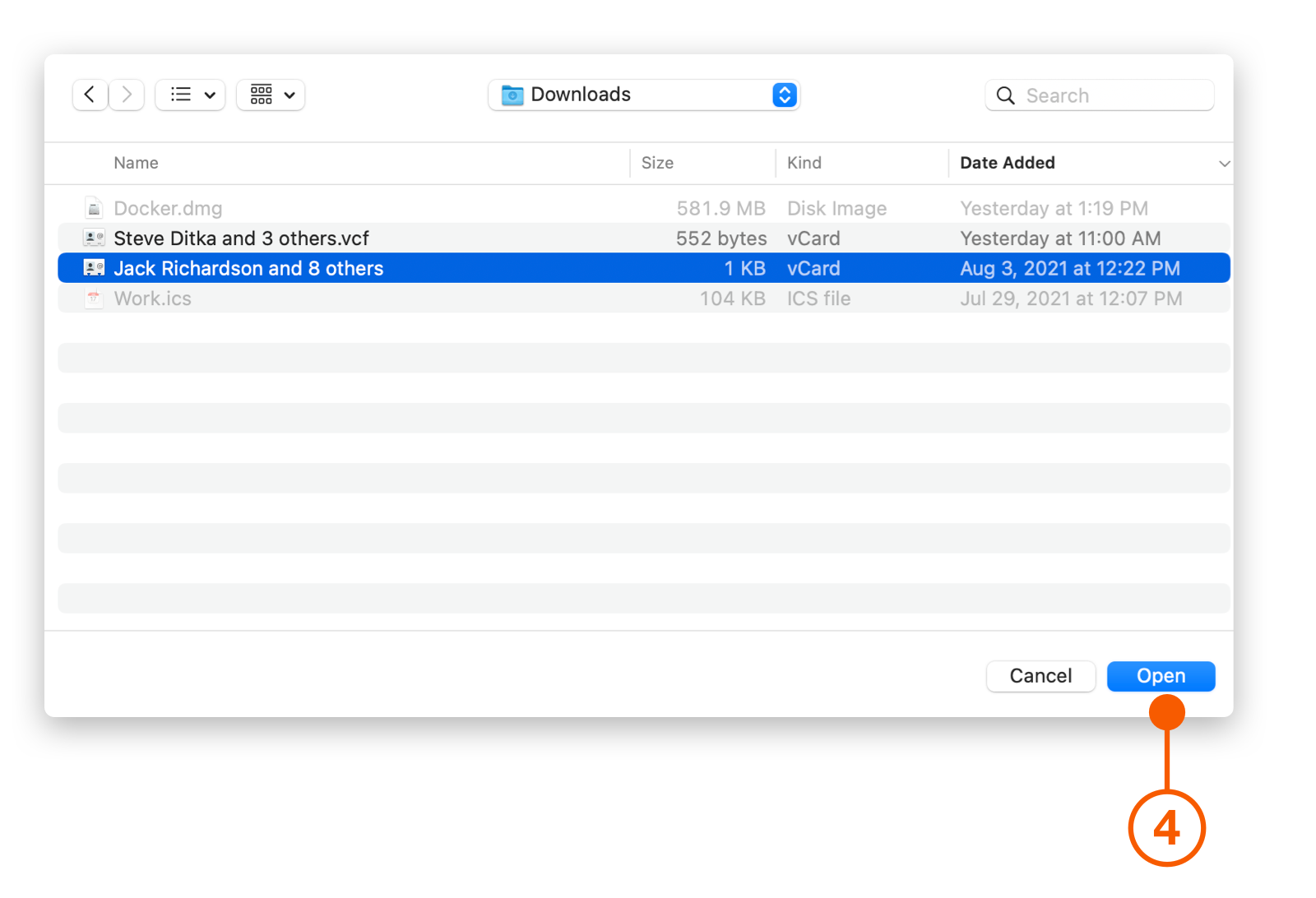 Open dialog selecting vCard in Downloads folder