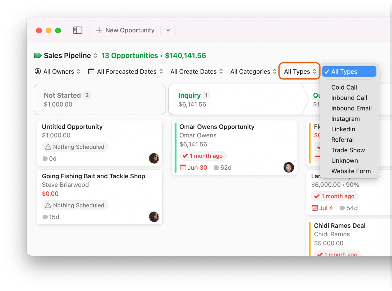 Opportunities Board showing type filter
