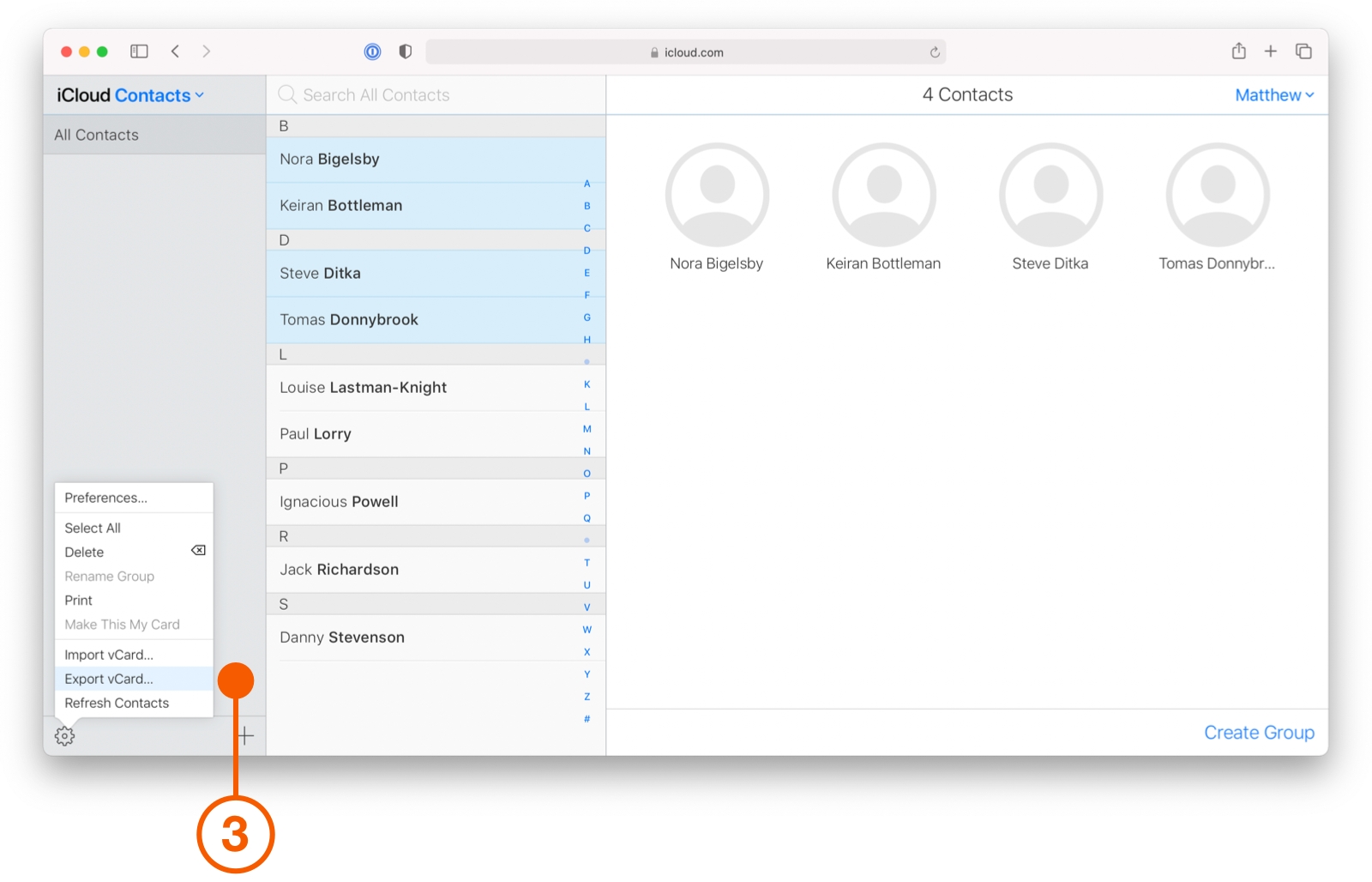 iCloud Contacts view selecting Export vCard