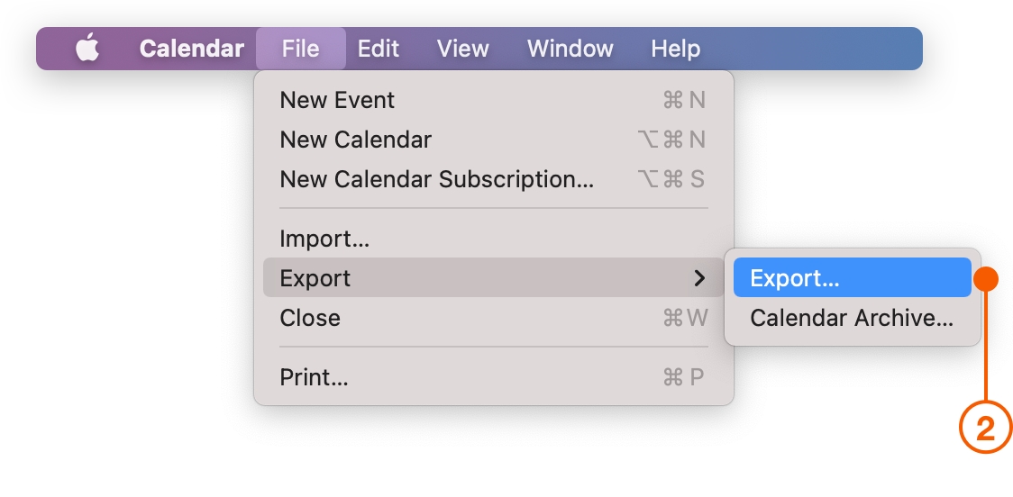 Apple Calendar menu selecting Export