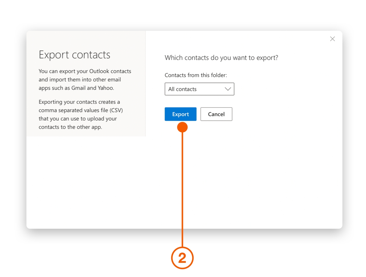 Outlook Contacts dialog showing export options