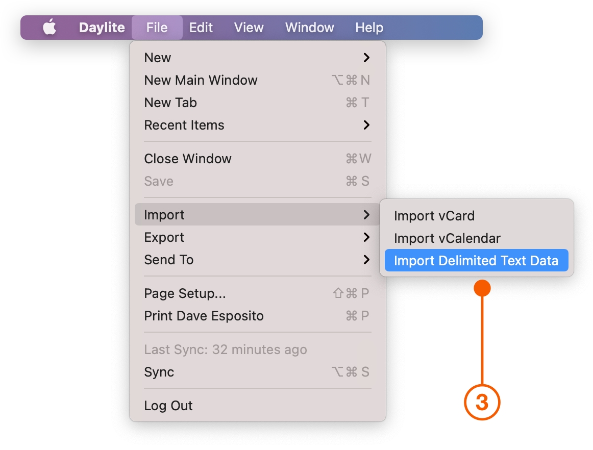 Daylite menu selecting Import Delimited Text Data