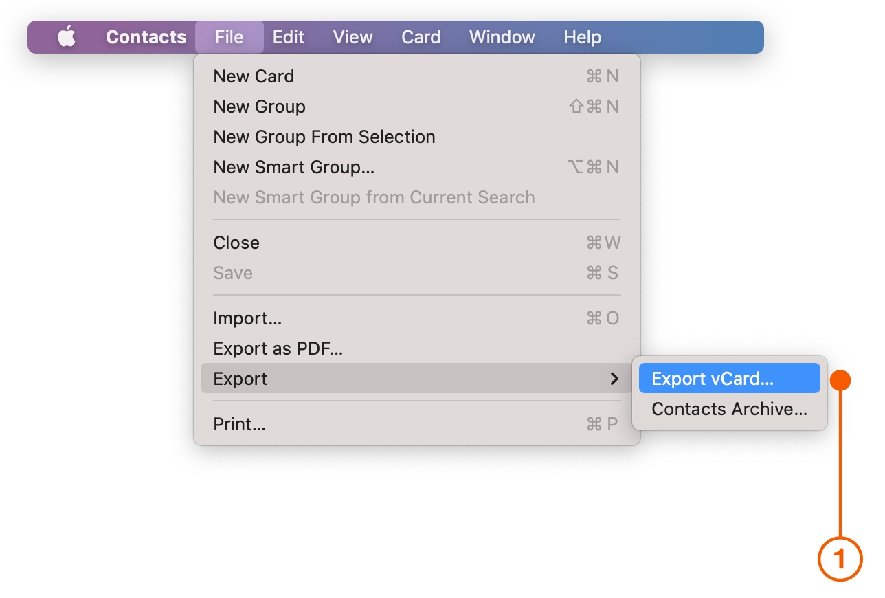 Apple Contacts menu selecting Export vCard