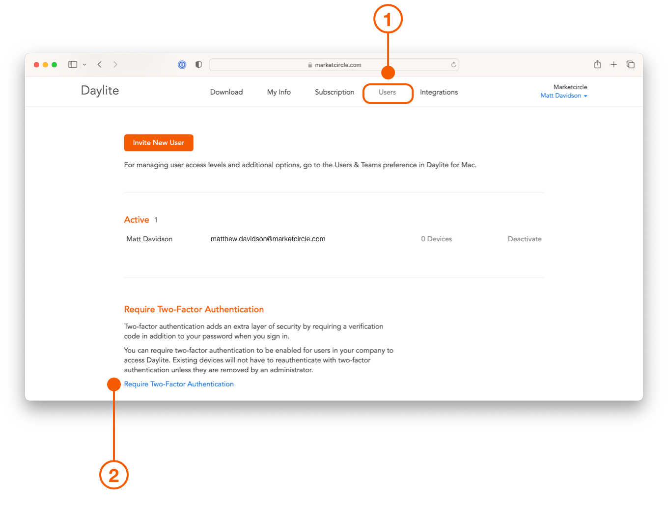 Daylite account showing requirement for two-factor authentication