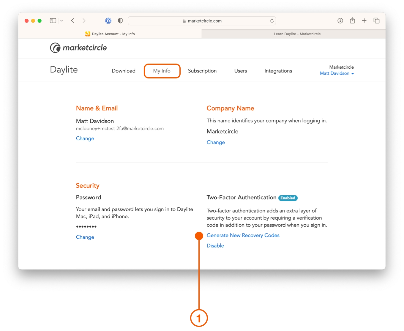 Daylite account showing Generate New Recovery Codes