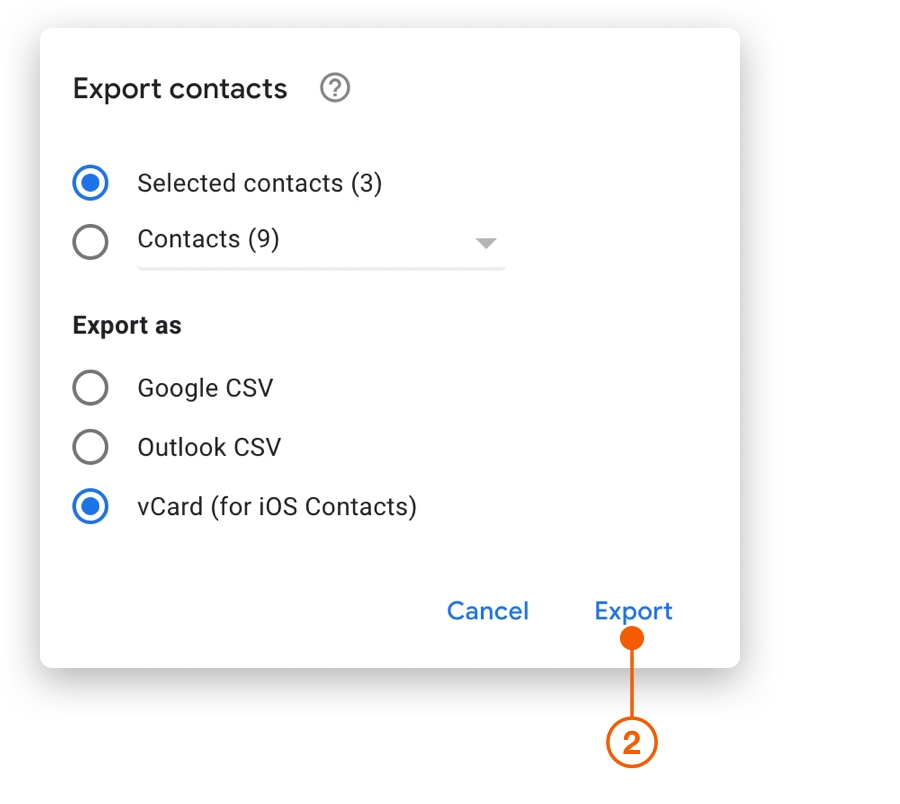 Google Contacts dialog showing Export options